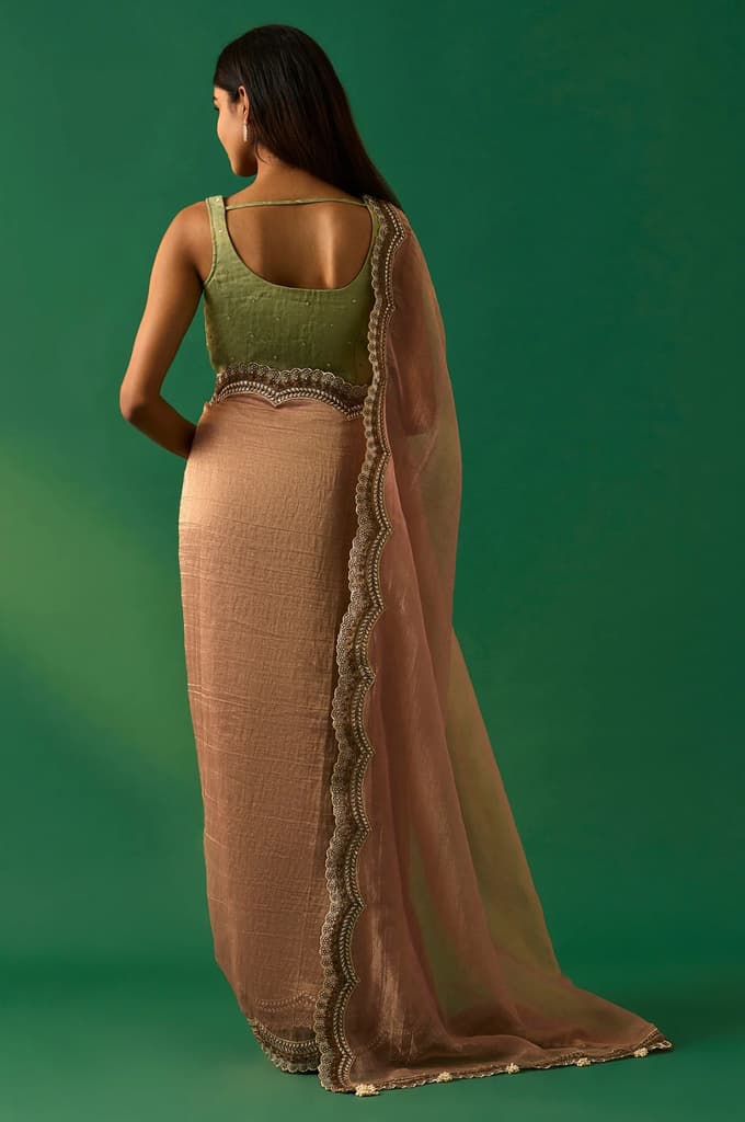 Pink Solid Zari Work Tissue Saree with Unstitched Blouse — photo 4