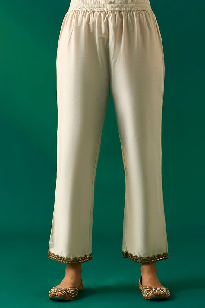 Off-White Embroidered Anarkali Cotton Kurta with Straight Pants and Dupatta Set — photo 6