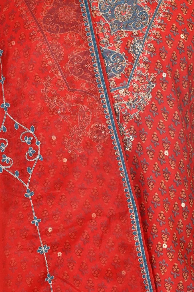 Red Floral Printed Sequins Chanderi Straight Kurta with Straight Pants and Dupatta Set — photo 2