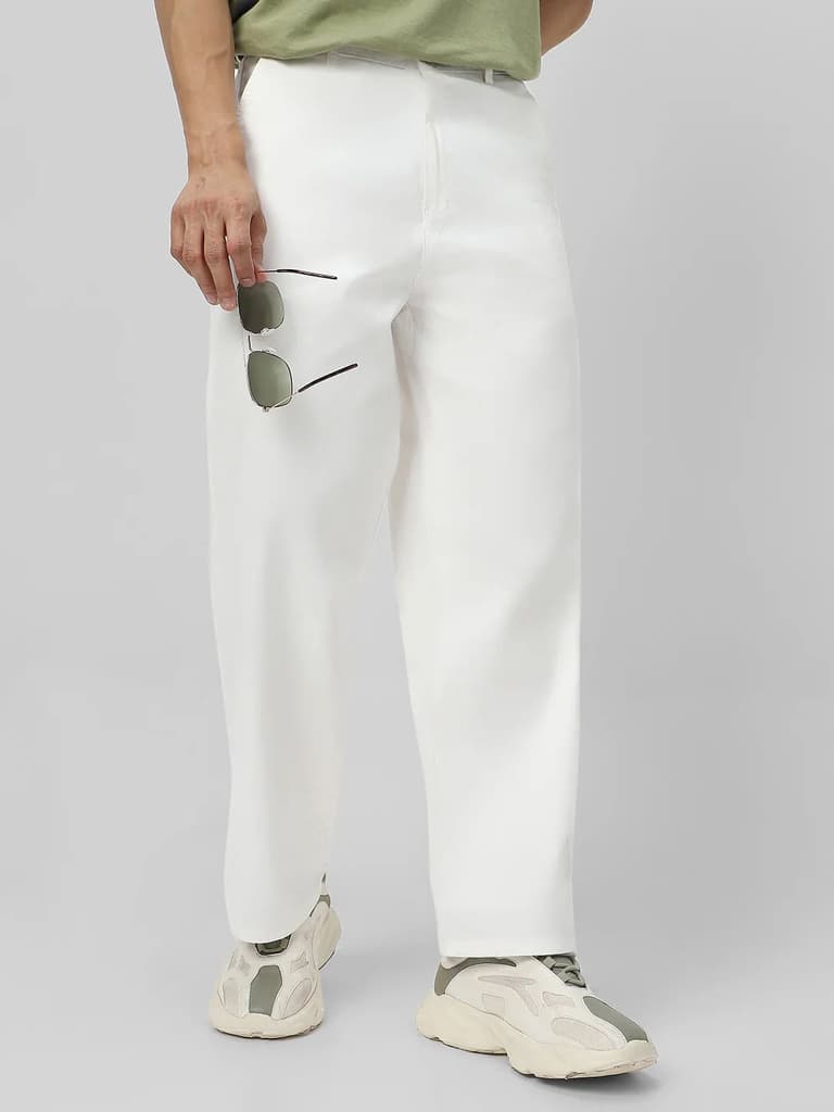 Men's White Loose Baggy Fit Solid Carpenter Trouser Pant with 5 Pockets Non-Stretchable — photo 2