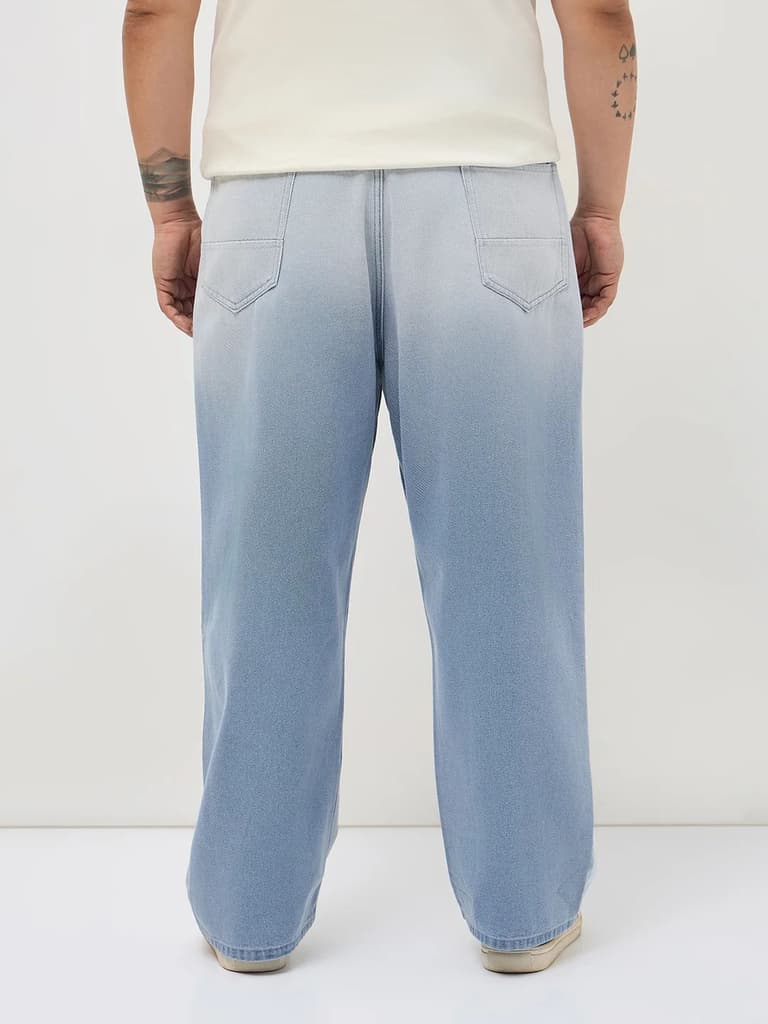 Plus Men's Ice Blue Loose Baggy Fit Heavy Washed Faded Denim Jeans Non-Stretchable — photo 3