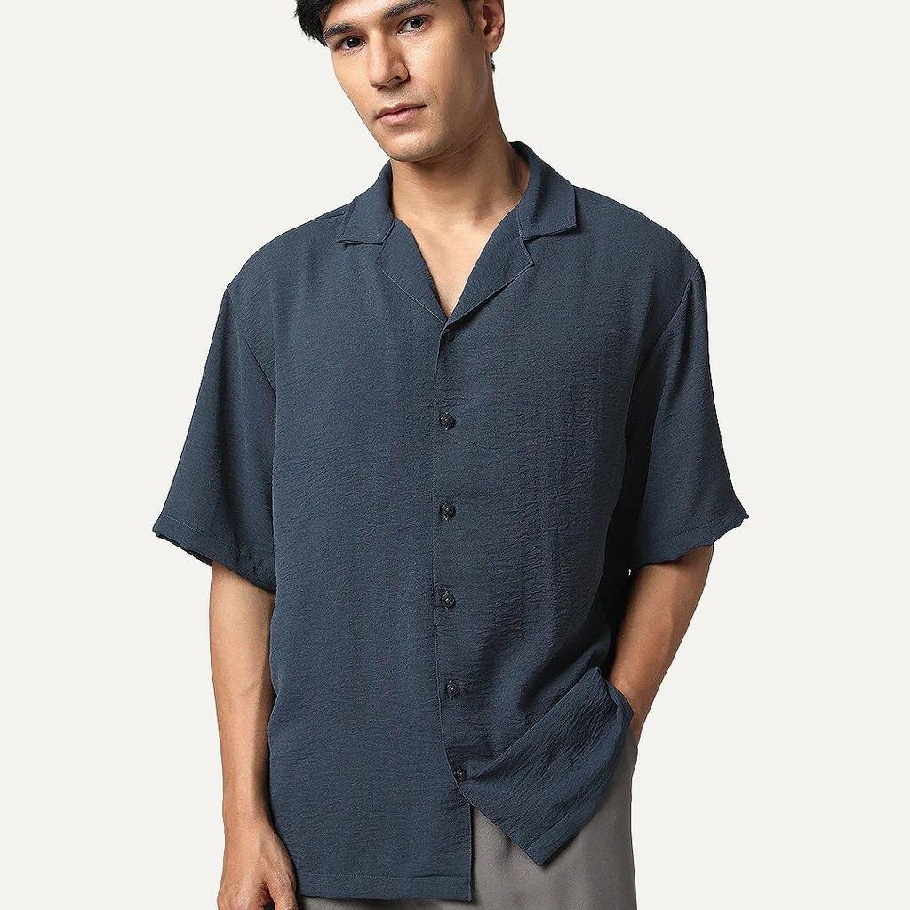 Men's Steel Cotton Half Sleeve Relaxed Fit Textured Shirt with Cuban Collar