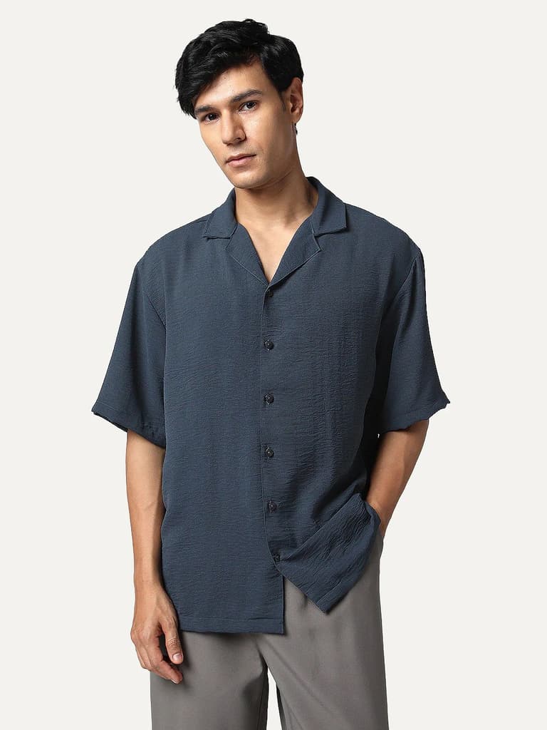 Men's Steel Cotton Half Sleeve Relaxed Fit Textured Shirt with Cuban Collar — S / Steel