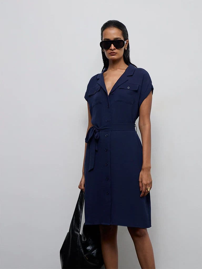 Wardrobe Navy Solid Shirt Dress with Belt — photo 2
