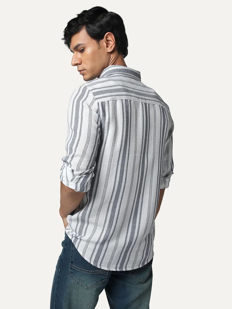 Men's Navy Cotton Full Sleeve Relaxed Fit Linen Striped Shirt with Spread Collar — photo 4