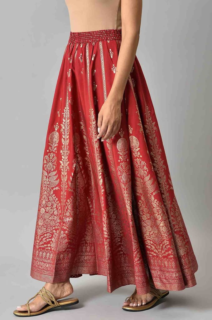 Maroon Floral Printed Flared Woven Skirt With Elasticated Waist — photo 3