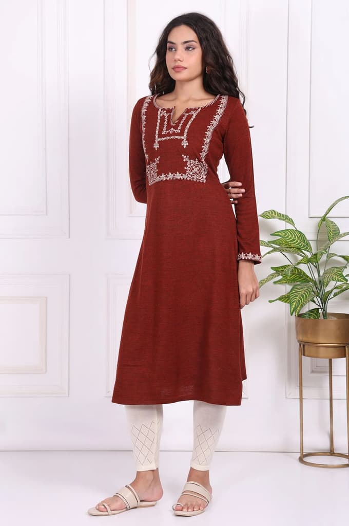 Rust Embroidered Straight Acrylic Kurta — photo 3