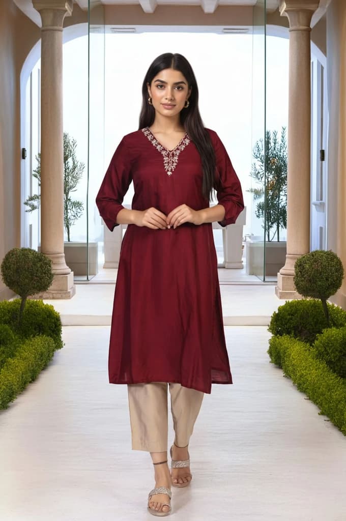 Maroon Embroidered A-Line Silk Kurta — photo 2