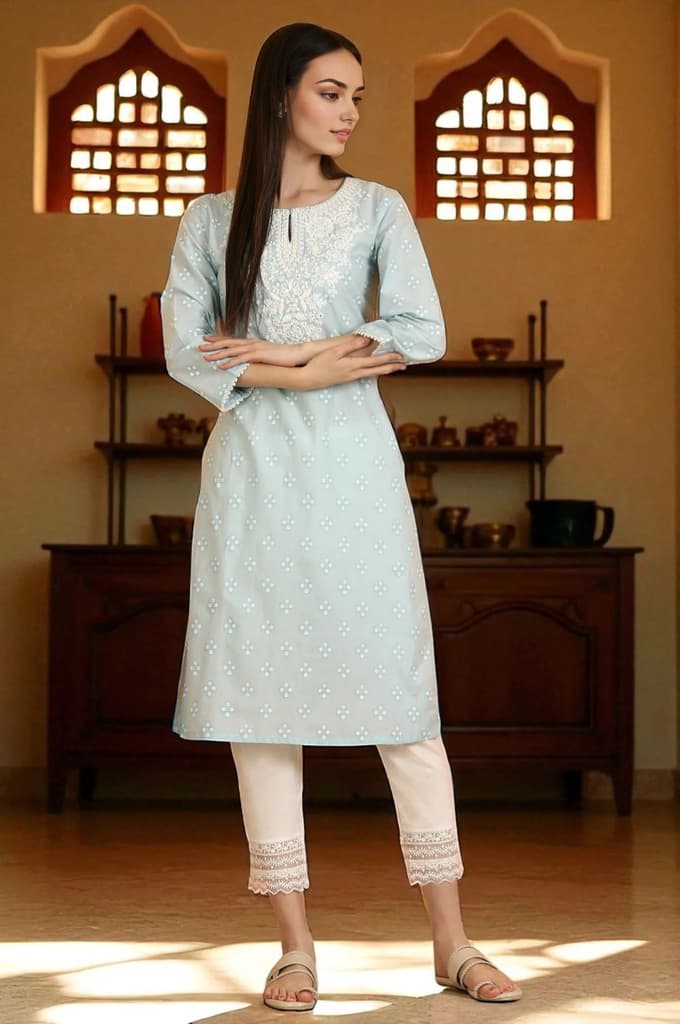 Light Blue Printed Pure Cotton Straight Kurta with Embroidery — XS