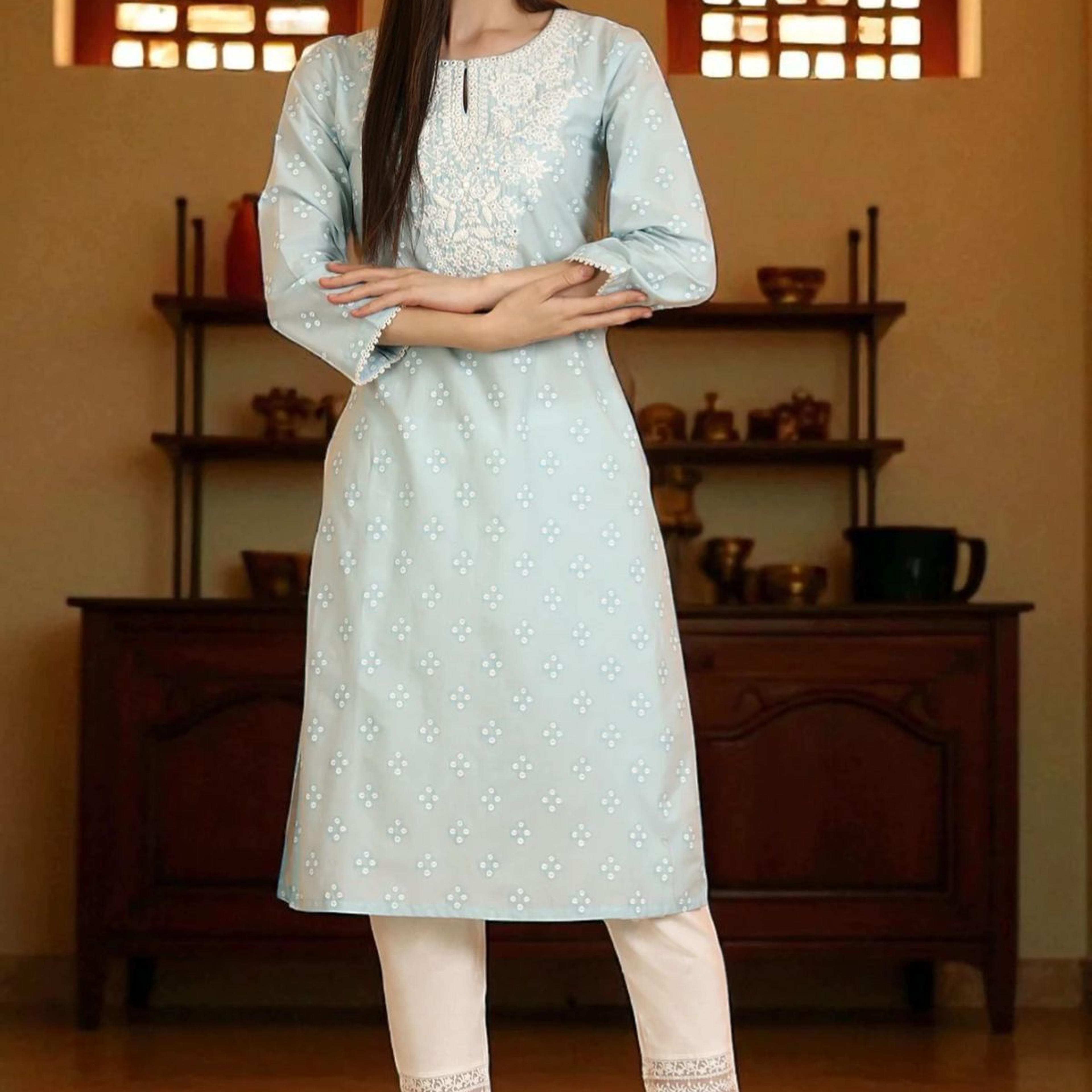 Light Blue Printed Pure Cotton Straight Kurta with Embroidery