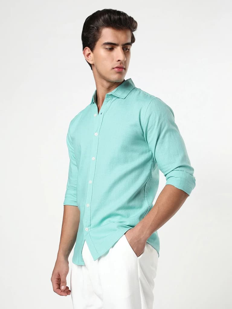 Men's Light Teal Linen Blend Full Sleeve Relaxed Fit Casual Solid Shirt — photo 2