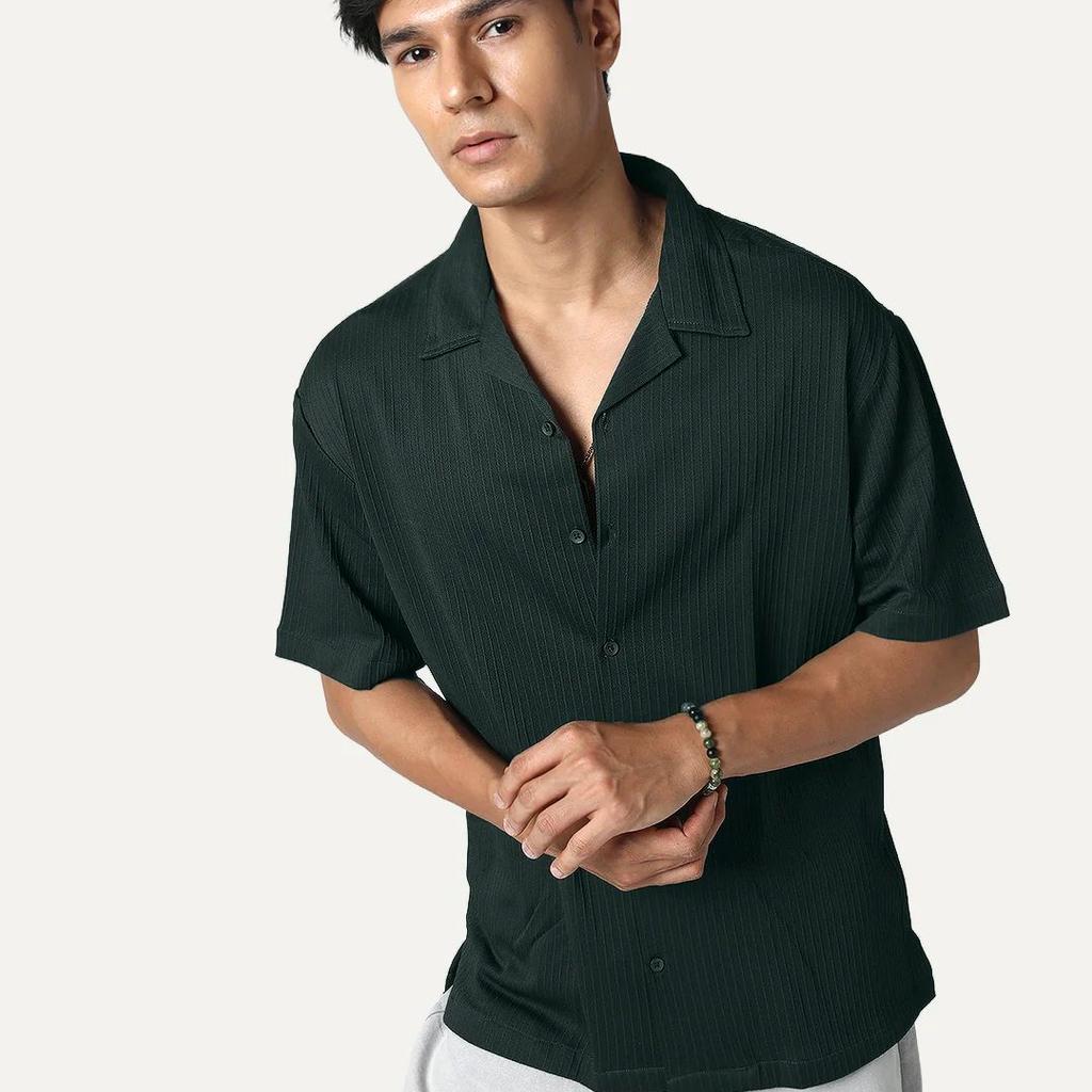 Men's Dark Green Cotton Half Sleeve Oversized Fit Textured Shirt with Cuban Collar