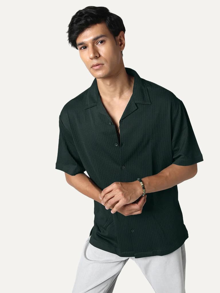Men's Dark Green Cotton Half Sleeve Oversized Fit Textured Shirt with Cuban Collar — S / Dark Green