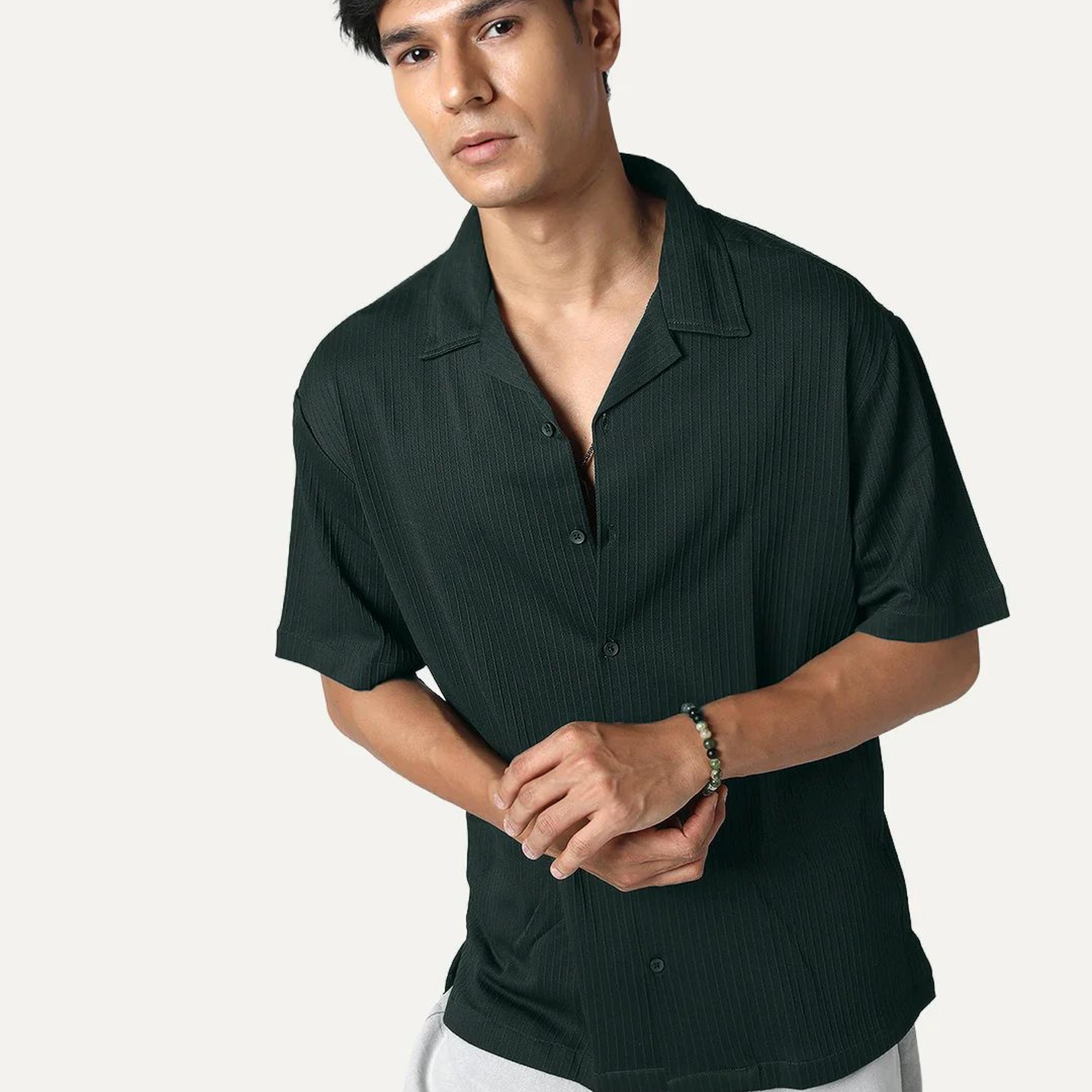 Men's Dark Green Cotton Half Sleeve Oversized Fit Textured Shirt with Cuban Collar