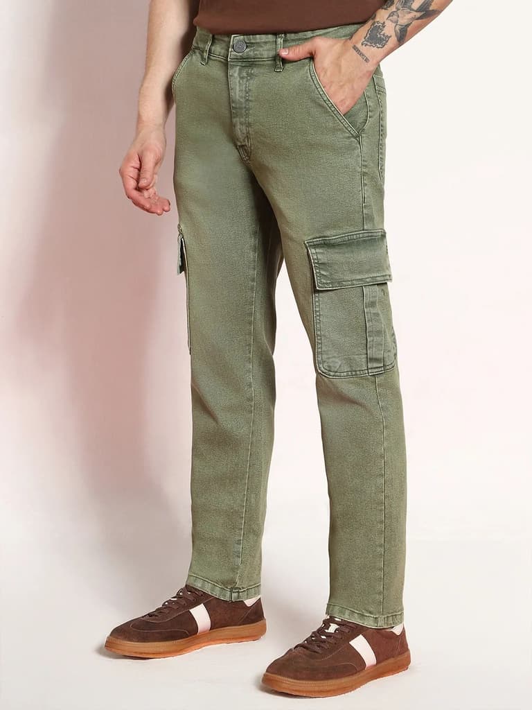 Men's Olive Green Regular Fit Washed Cargo Jeans With 6 Pockets Stretchable — photo 3