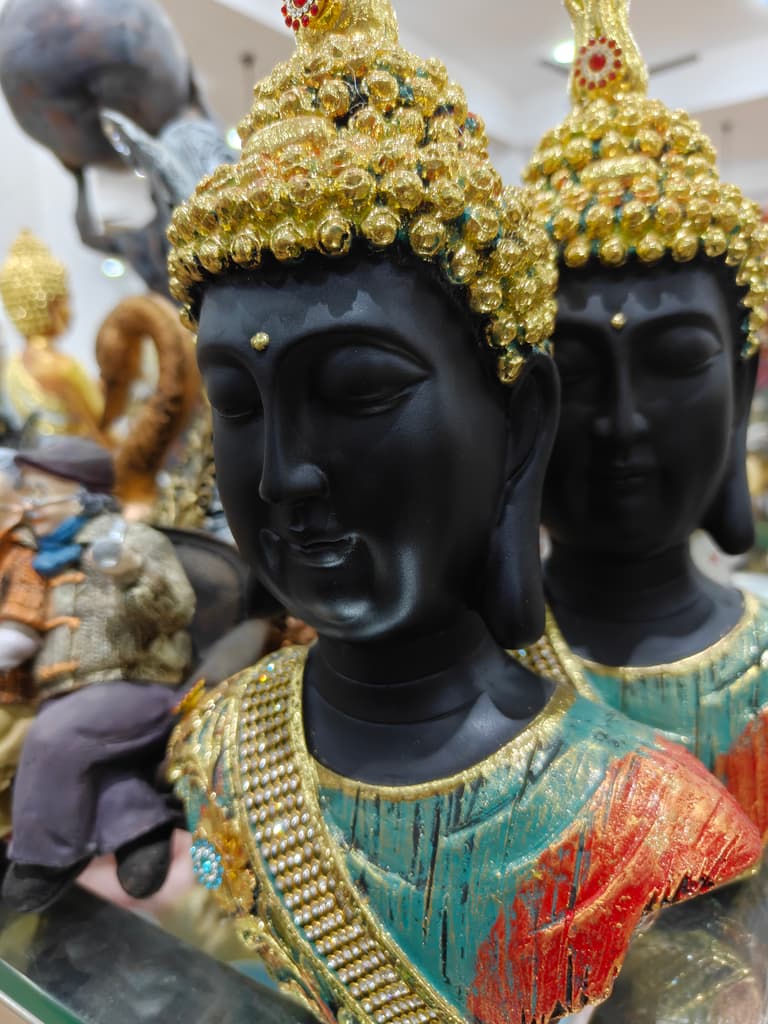 Gold and Black Buddha Head Statue | Decorative | Glass | Gold