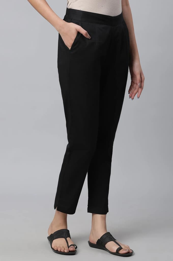 Black Solid Straight Fit Cotton Pants With Elasticated Waist — photo 3