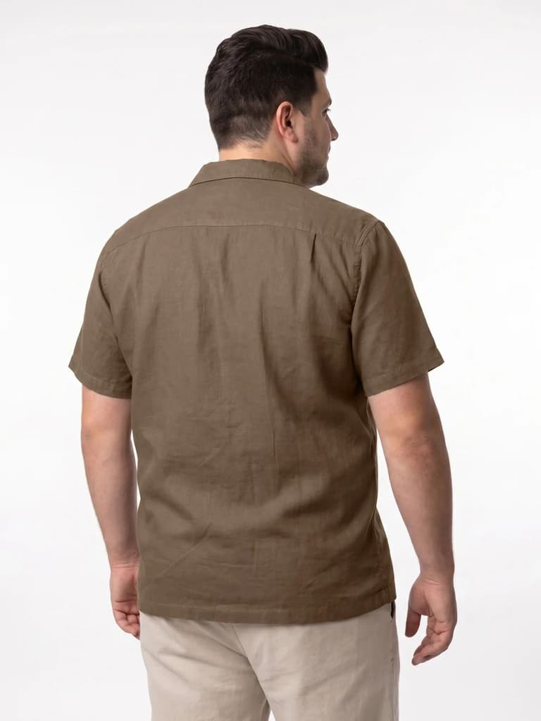 Plus Men's Coffee Linen Half Sleeve Oversized Fit Shirt with Cuban Collar — photo 3