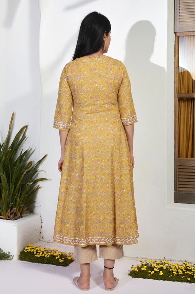Mustard Floral Printed Anarkali Rayon Kurta — photo 5