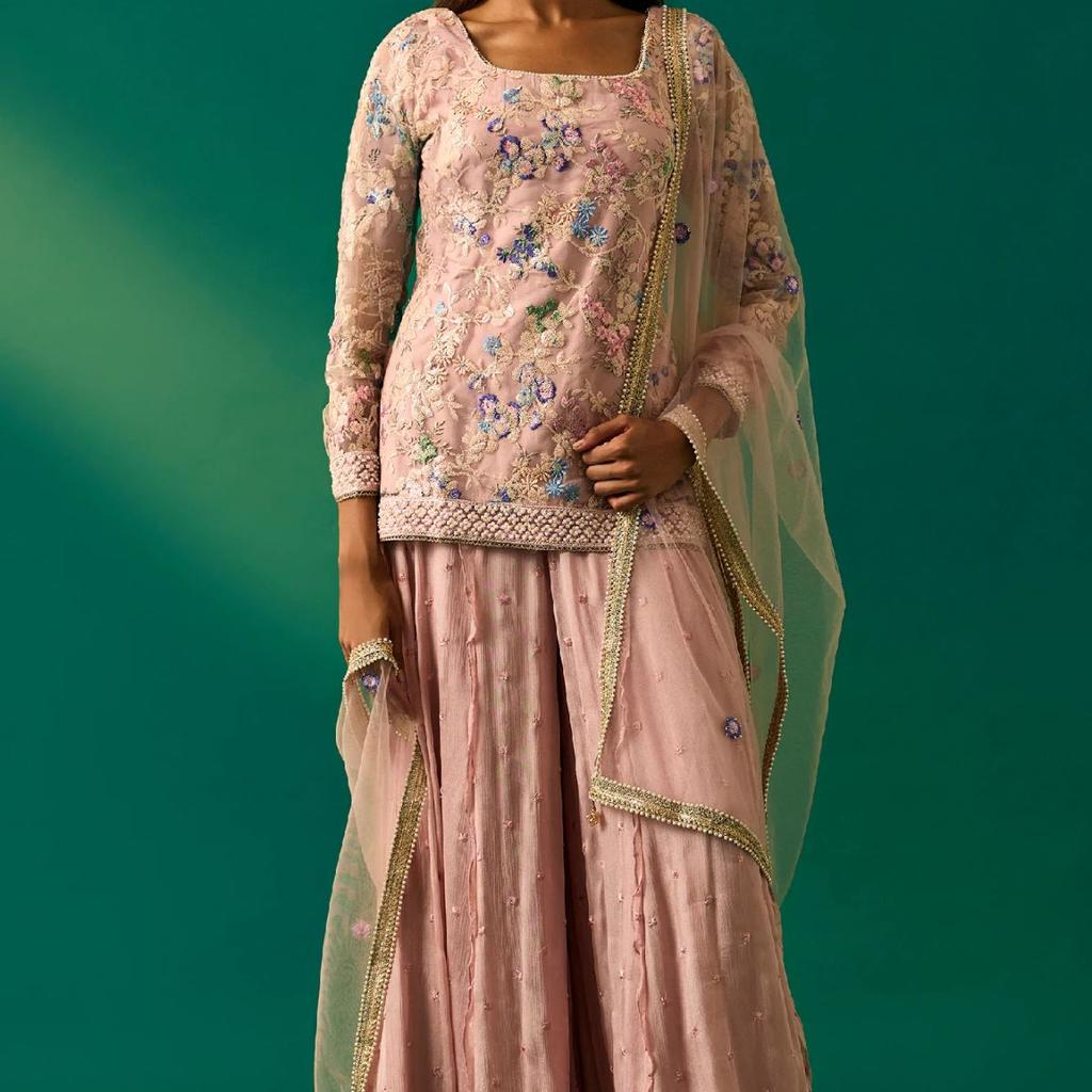 Pink Floral Embroidered Straight Kurta with Culotte and Dupatta Set