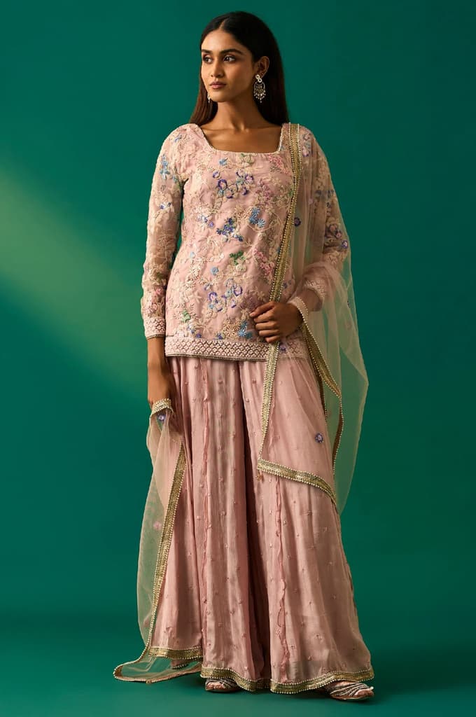Pink Floral Embroidered Straight Kurta with Culotte and Dupatta Set — XS