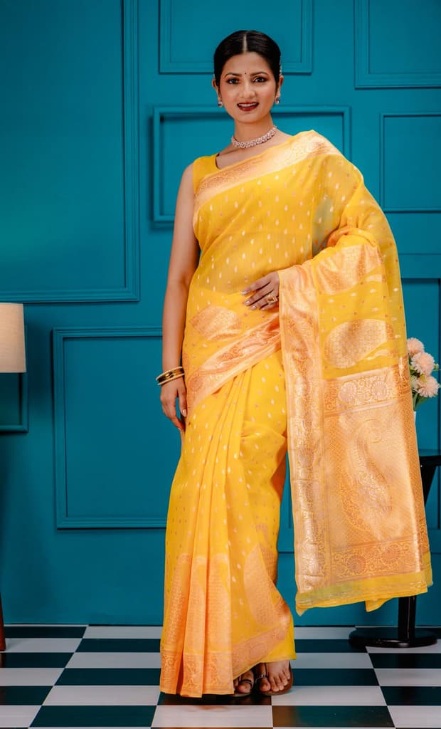 Mimosa Women's Woven Design Banarasi Style Art Silk Saree With Blouse Piece : SA00001779GDFREE — Gold