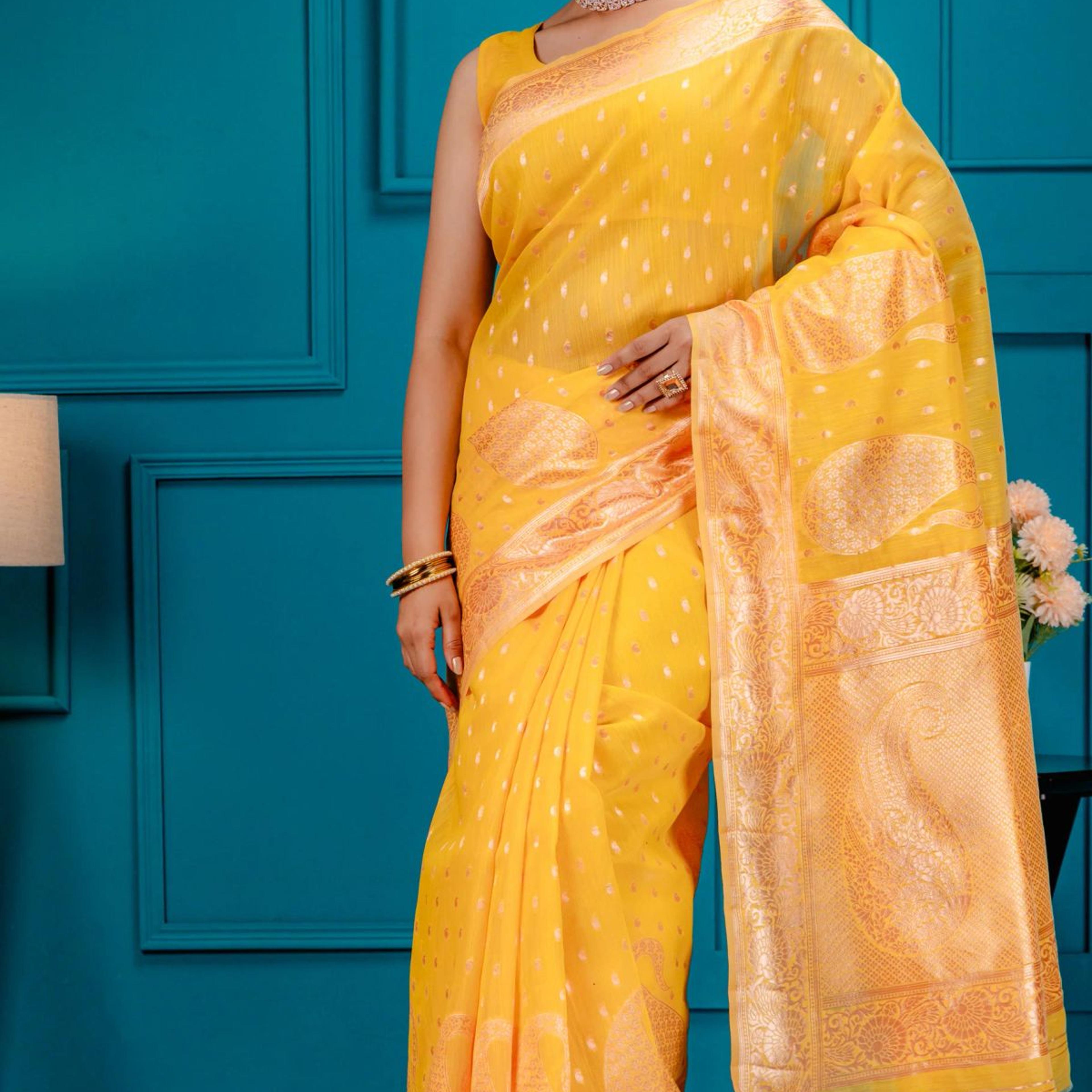 Mimosa Women's Woven Design Banarasi Style Art Silk Saree With Blouse Piece : SA00001779GDFREE