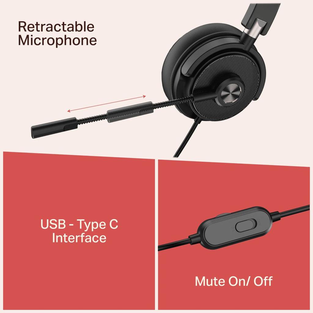 Bassheads 900C Pro | USB Type-C Wired Headset with Retractable Mic, Remote Control & Adjustable Headband