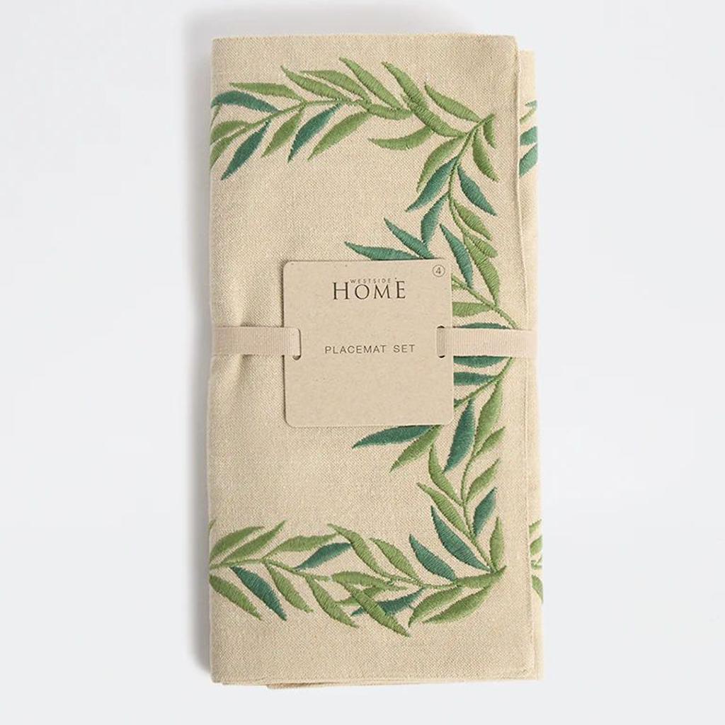 Westside Home Green Foliage Embroidered Placemats - (Set of 4)