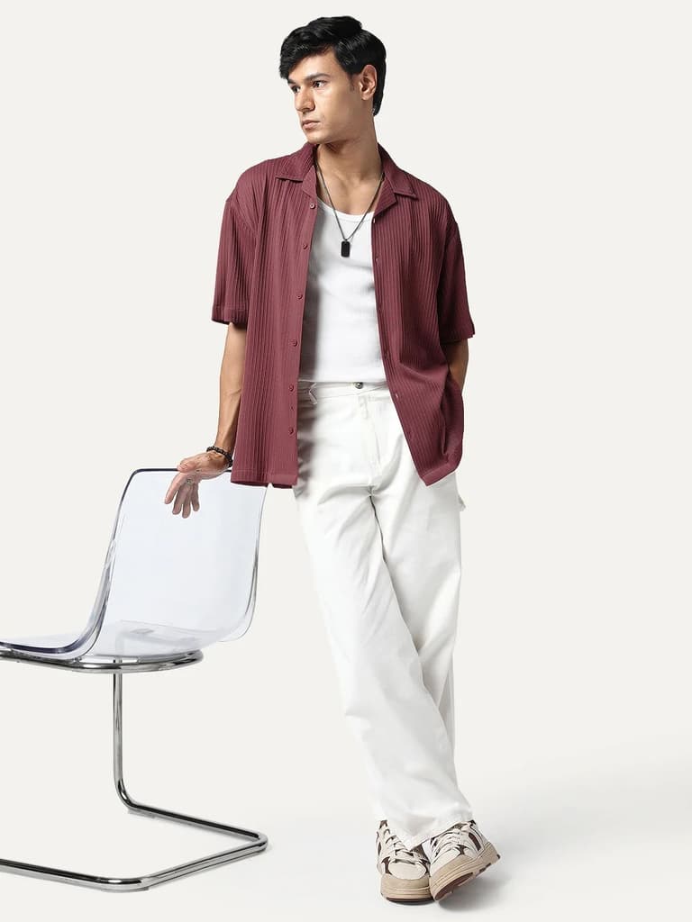 Men's Light Maroon Cotton Half Sleeve Oversized Fit Textured Shirt with Cuban Collar — photo 4
