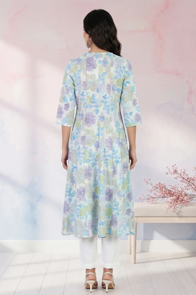 Off White Floral Printed Cotton Flax A-line Kurta — photo 5