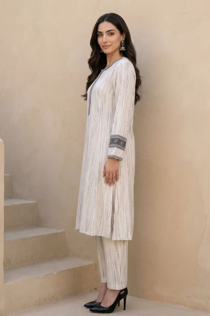 Off White Striped Rayon Blend Winter Straight Kurta with Pants Set — photo 3