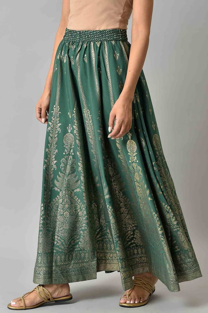Green Floral Printed Flared Woven Skirt With Elasticated Waist — photo 3
