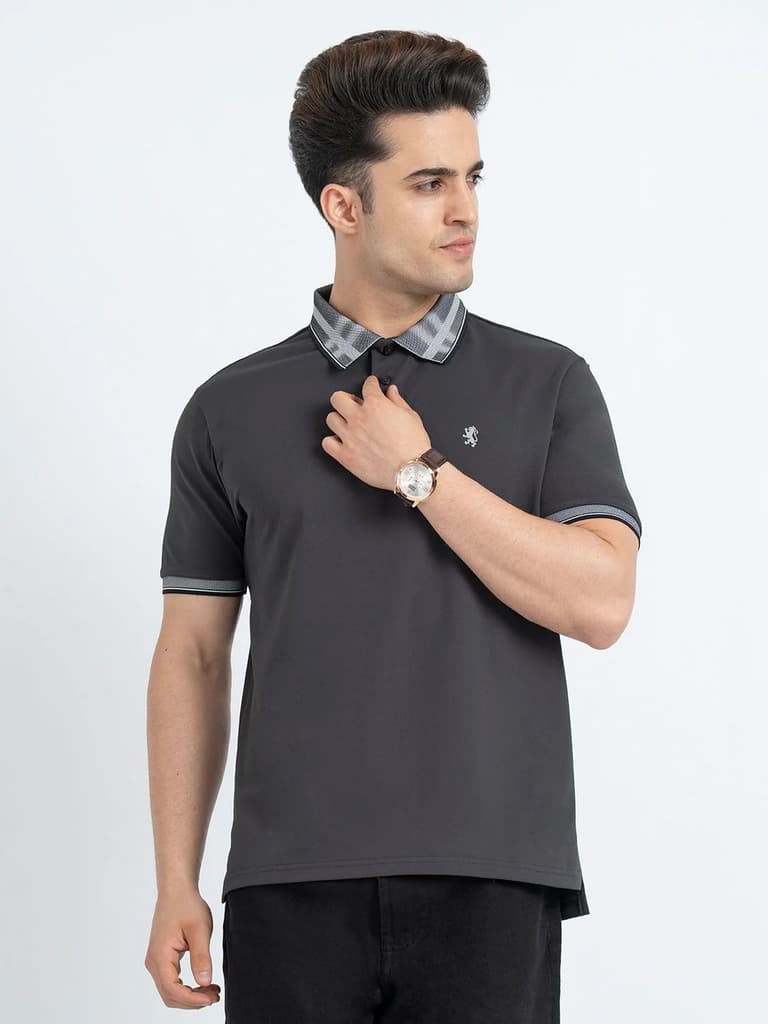 T Shirts for Men in Charcoal Grey | Jacquard Polo T Shirt