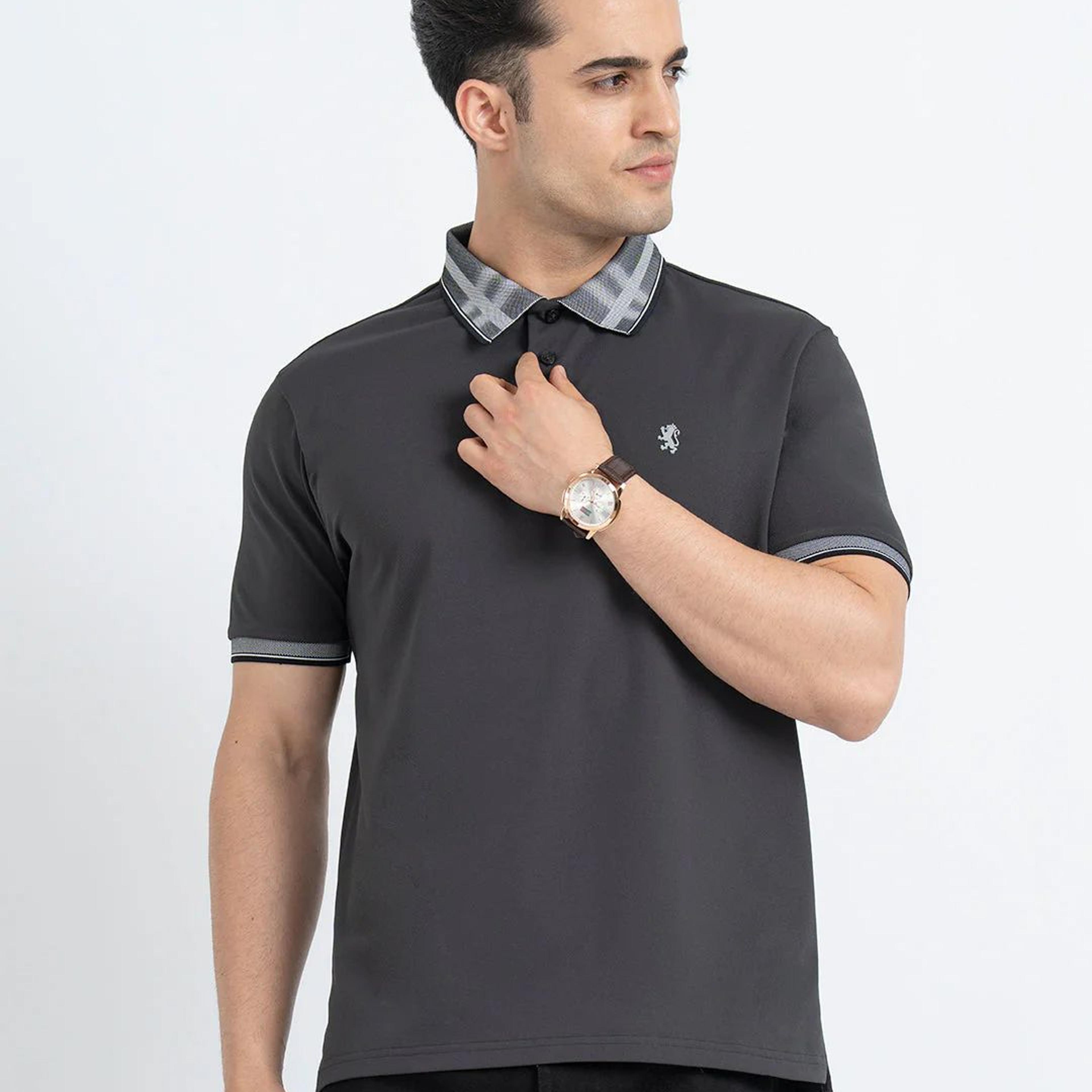 T Shirts for Men in Charcoal Grey | Jacquard Polo T Shirt