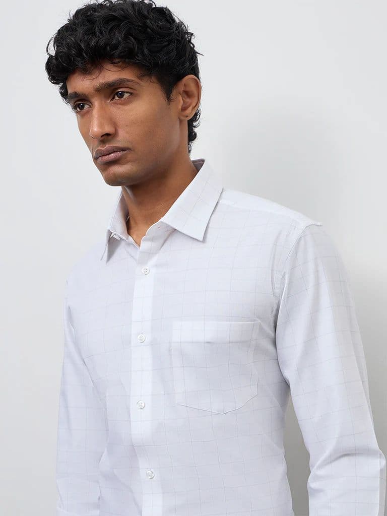 WES Formals Off-White Checkered Slim-Fit Cotton Shirt — photo 3