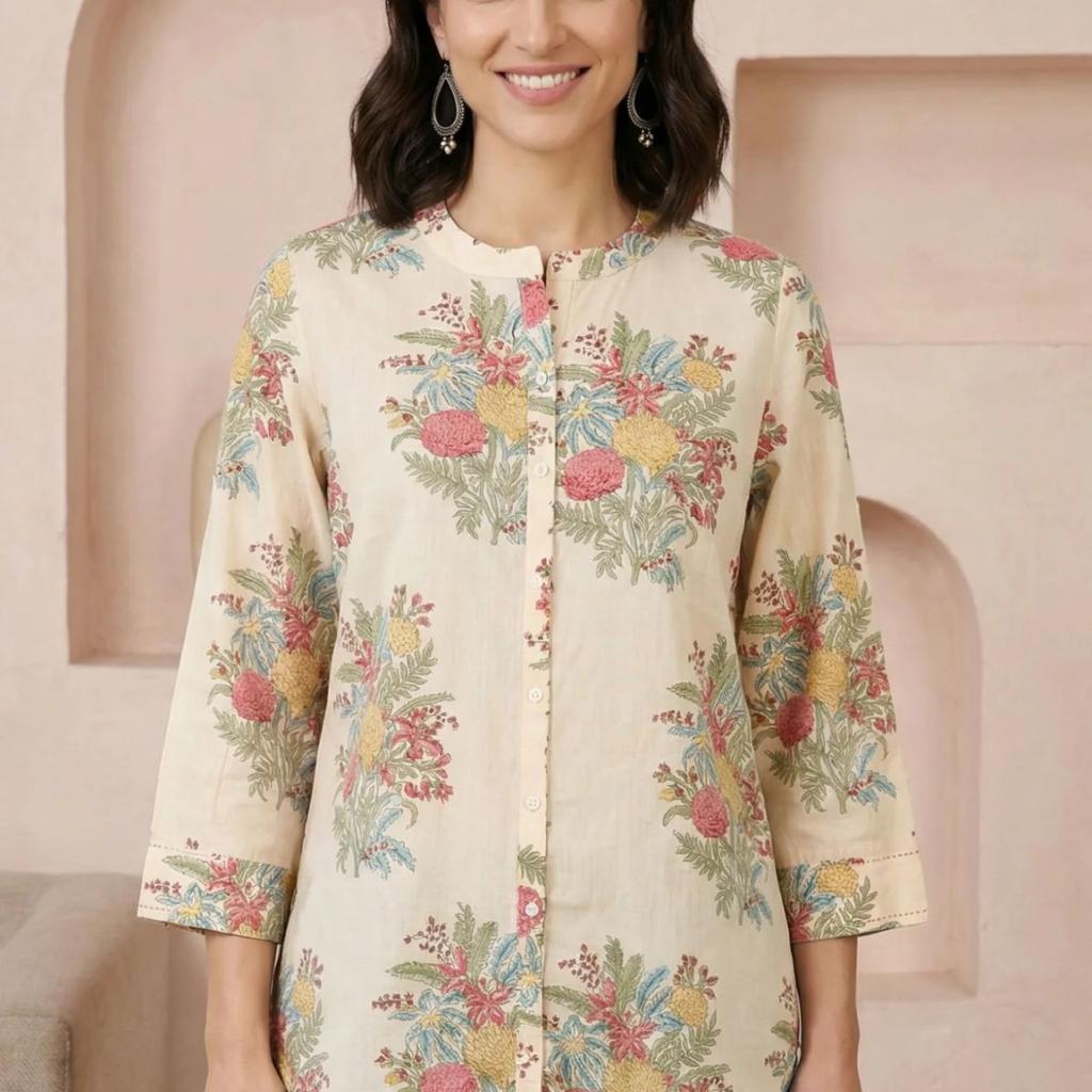 Beige Block Floral Printed Pure Cotton Straight Top