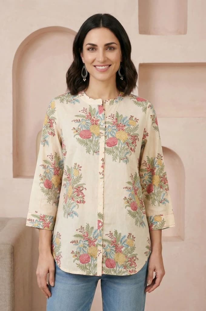 Beige Block Floral Printed Pure Cotton Straight Top — XS
