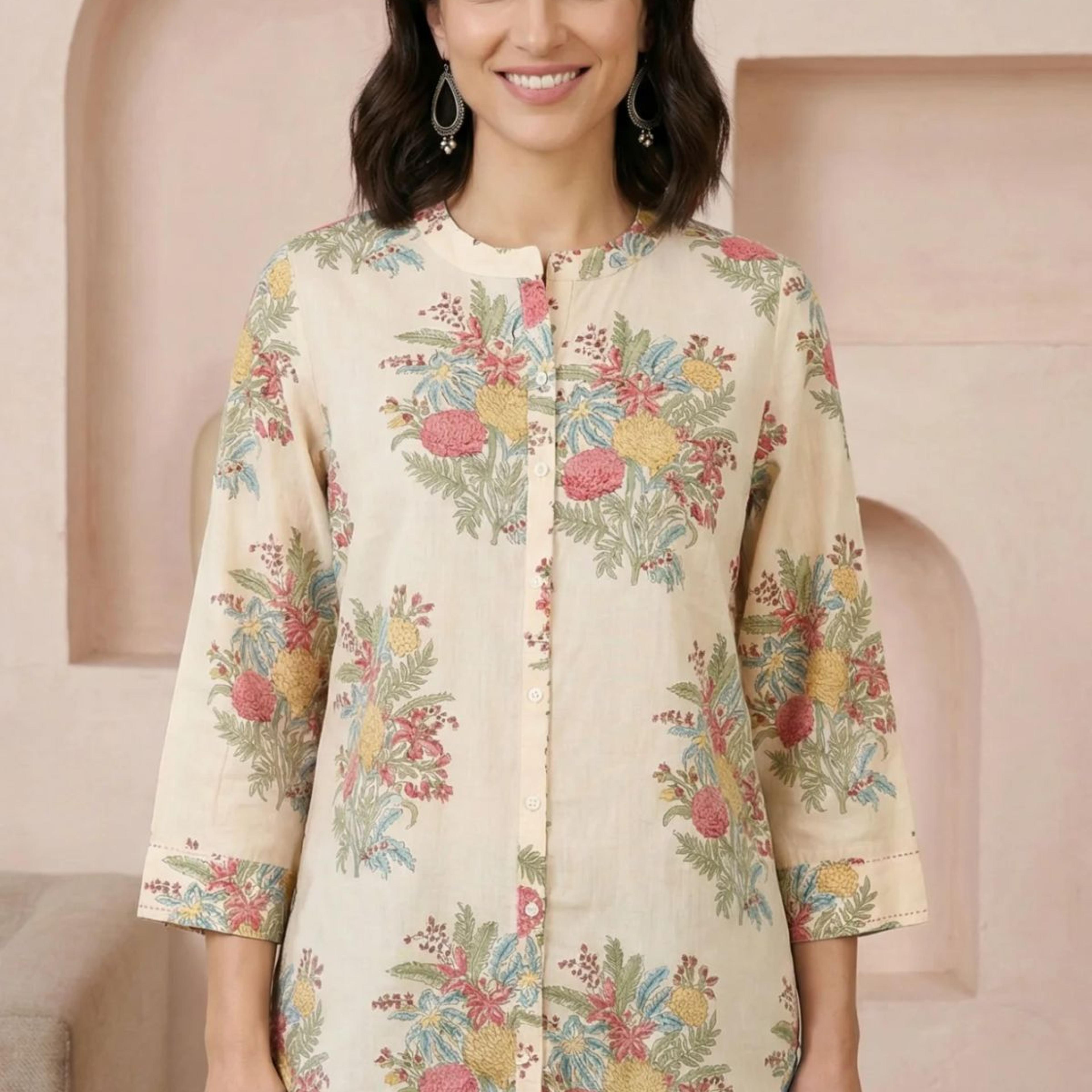 Beige Block Floral Printed Pure Cotton Straight Top