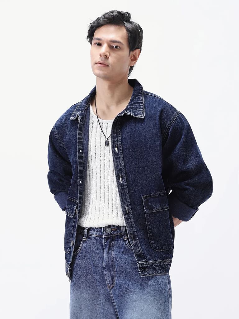 Men's Dark Blue Relaxed Fit Full Sleeve Utility Denim Jacket — photo 2