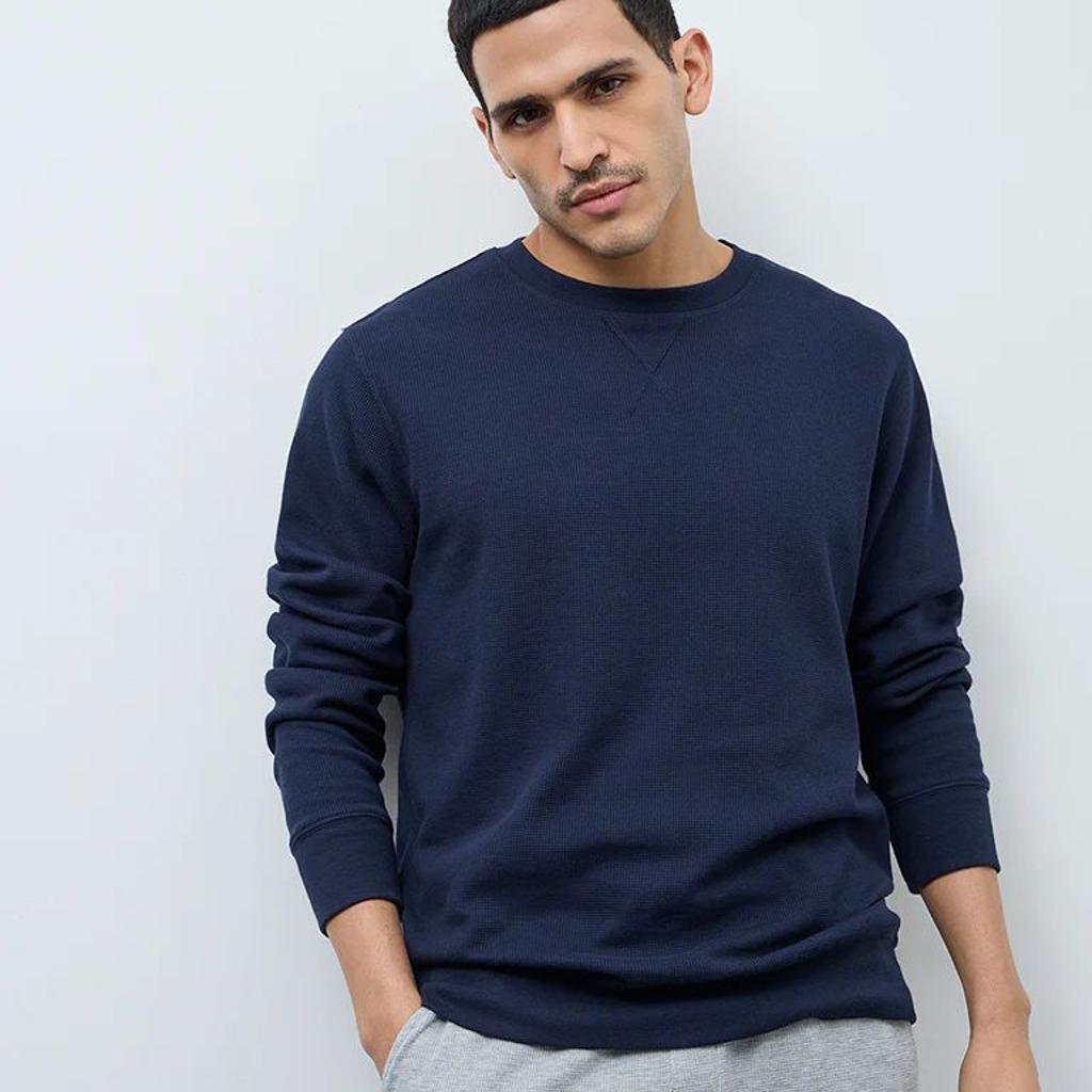 WES Lounge Navy Waffle-Textured Regular-Fit Cotton T-Shirt