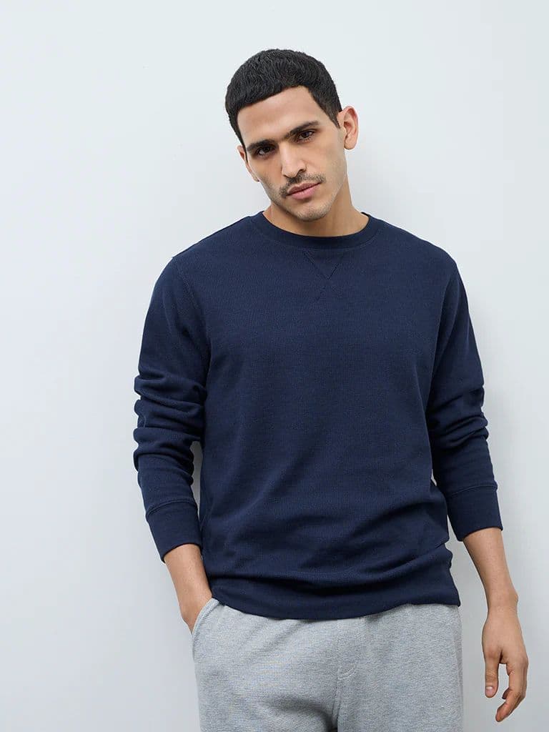 WES Lounge Navy Waffle-Textured Regular-Fit Cotton T-Shirt