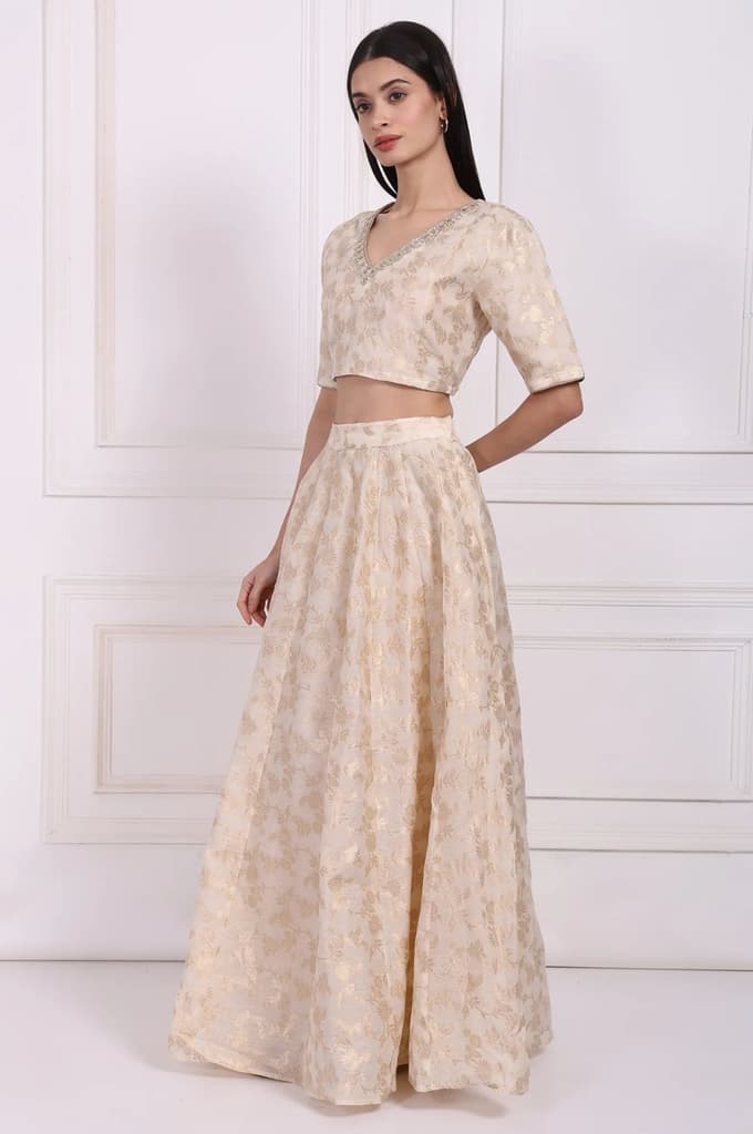 Cream Embellished Maxi Jacquard Blouse with Skirt and Dupatta Set — photo 5