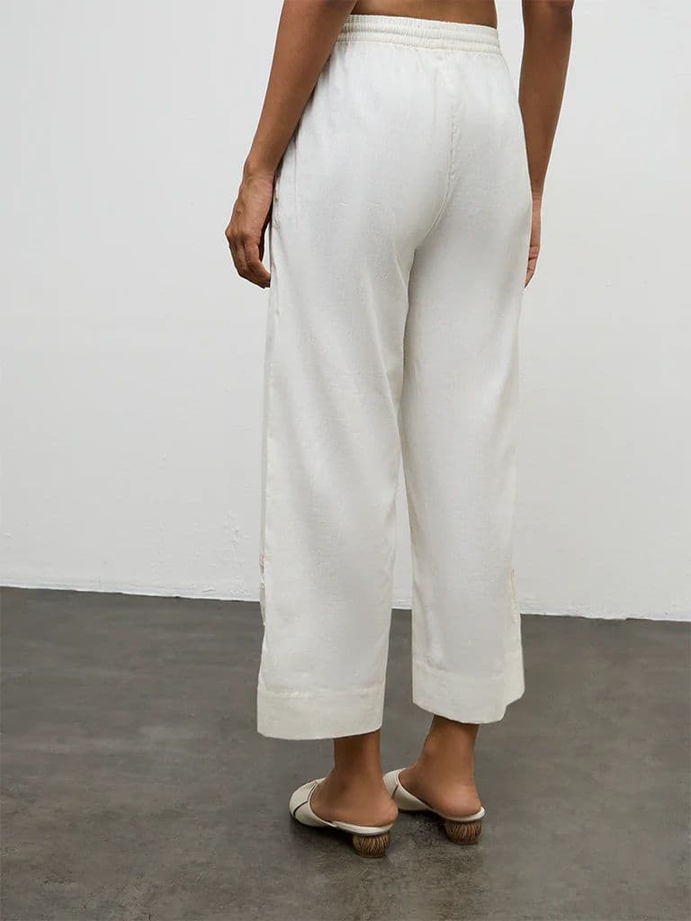 Utsa Off-White Floral Embroidered Cotton-Blend Pants — photo 4