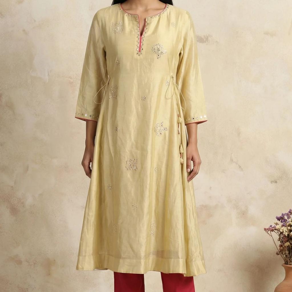 Gold Embroidered Mirror Work Cotton Blend A-line Kurta