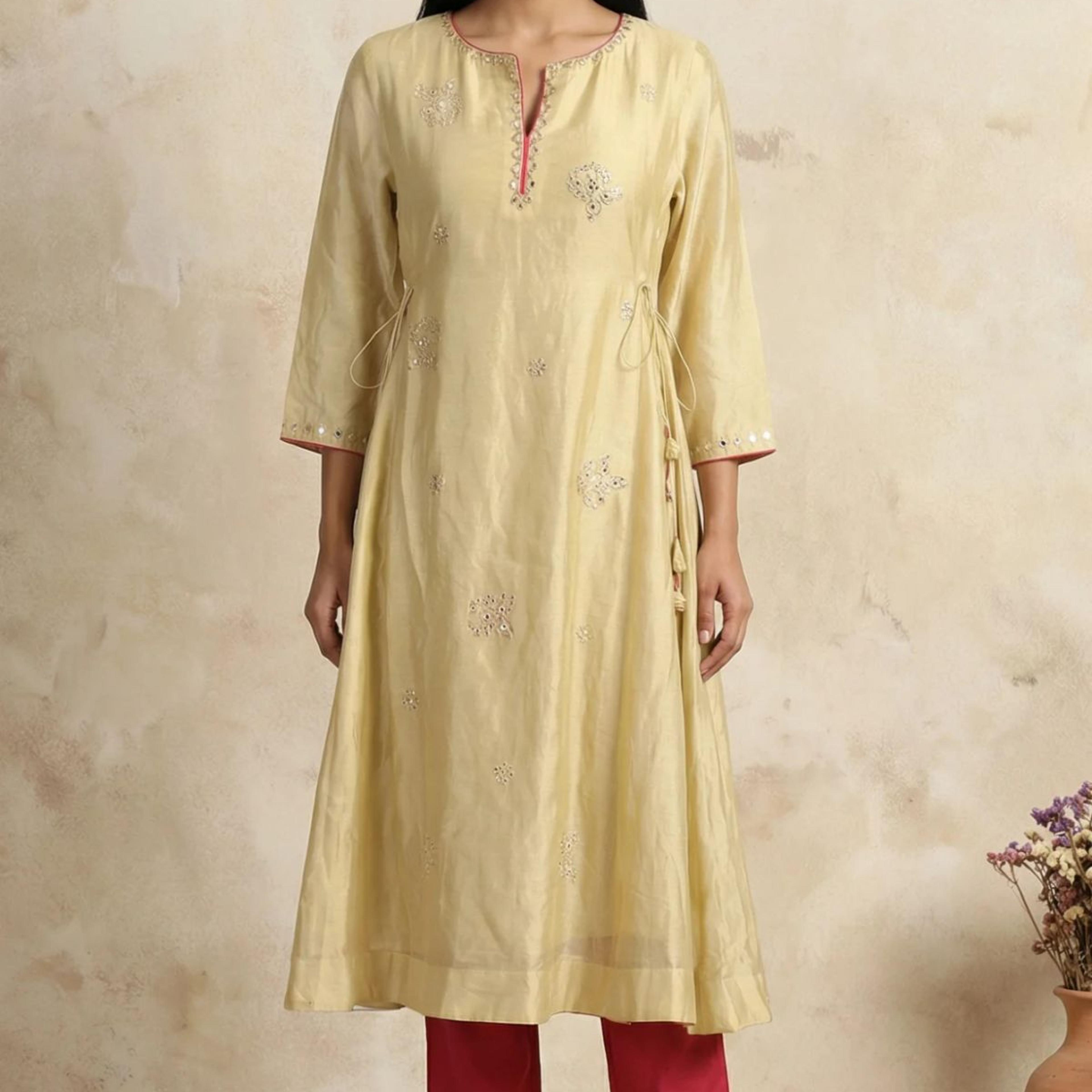 Gold Embroidered Mirror Work Cotton Blend A-line Kurta