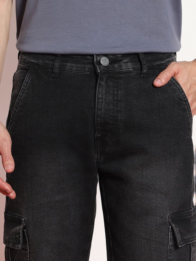 Men's Black Regular Fit Washed Cargo Jeans With 6 Pockets Stretchable — photo 7