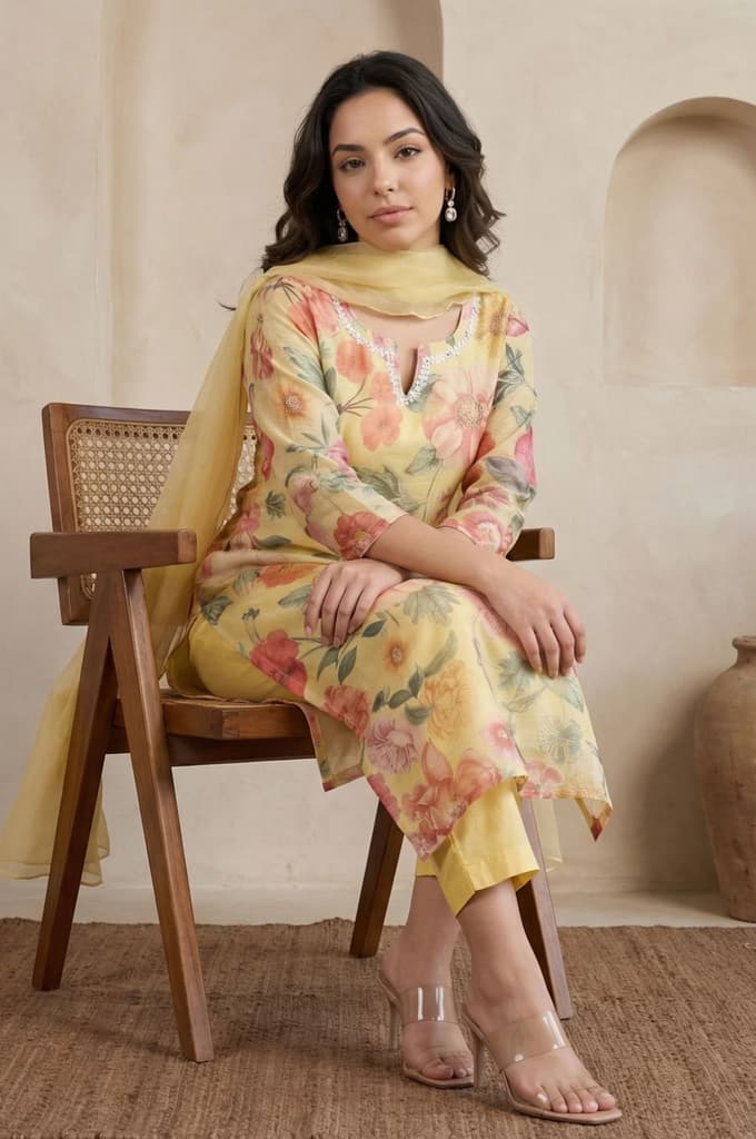 Yellow Floral Printed Beadwork Straight Kurta with Pants and Dupatta Set — photo 3