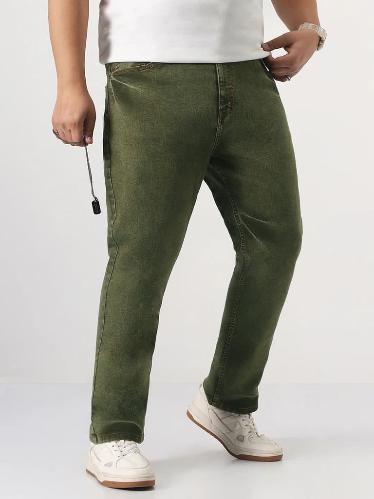 Plus Men's Light Green Straight Fit Heavy Washed Jeans Stretchable