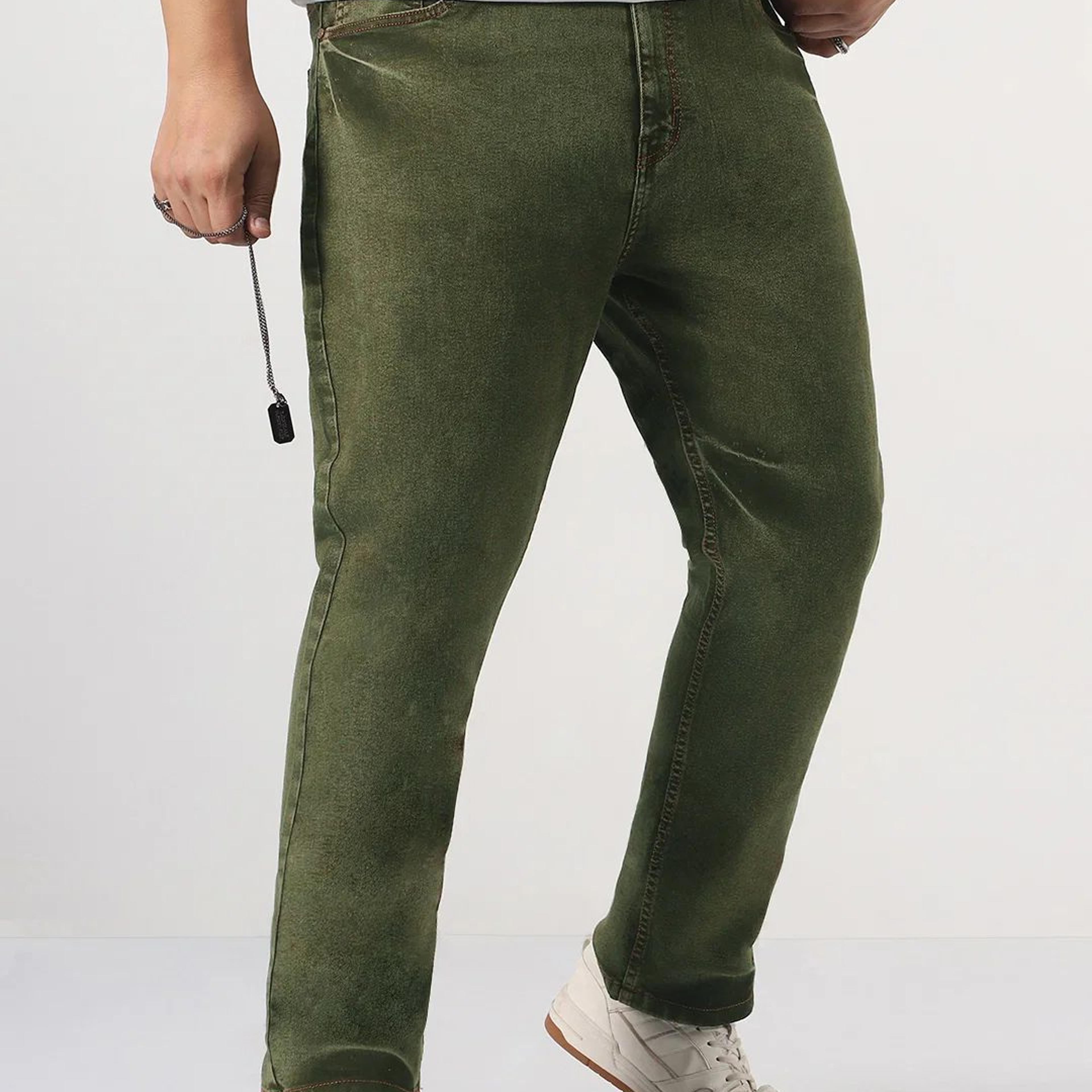Plus Men's Light Green Straight Fit Heavy Washed Jeans Stretchable